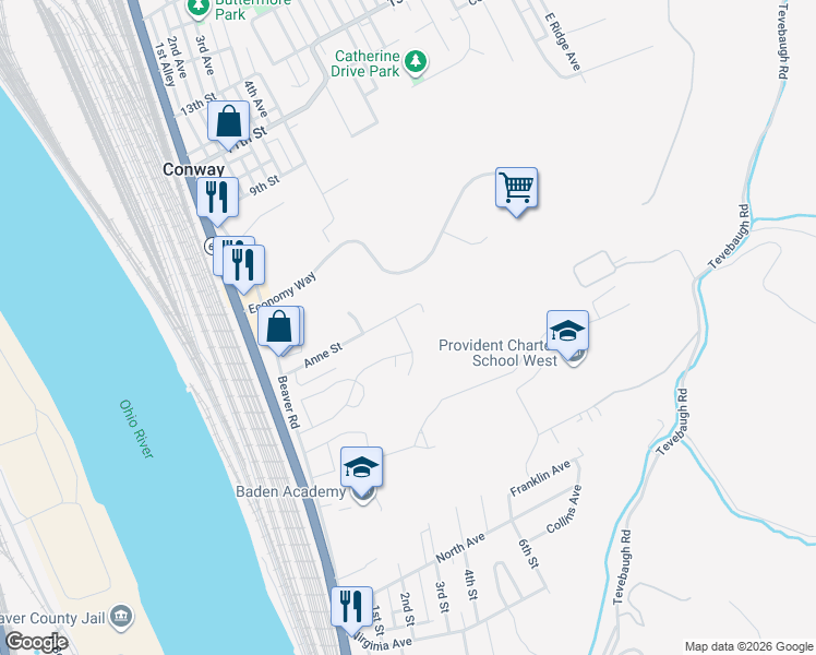 map of restaurants, bars, coffee shops, grocery stores, and more near 206 Anne Street in Baden