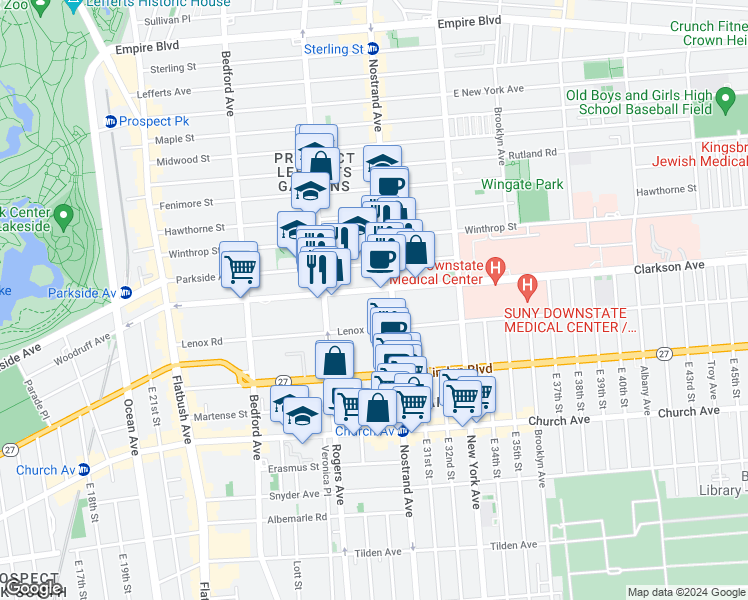 map of restaurants, bars, coffee shops, grocery stores, and more near 237 Lenox Road in Brooklyn