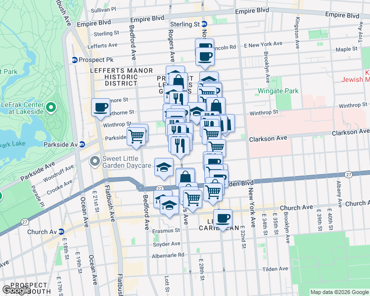 map of restaurants, bars, coffee shops, grocery stores, and more near 690 Rogers Avenue in Brooklyn