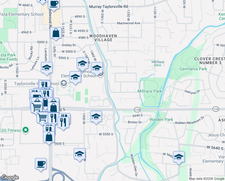map of restaurants, bars, coffee shops, grocery stores, and more near 5296 Morning Mesa Circle in Salt Lake City