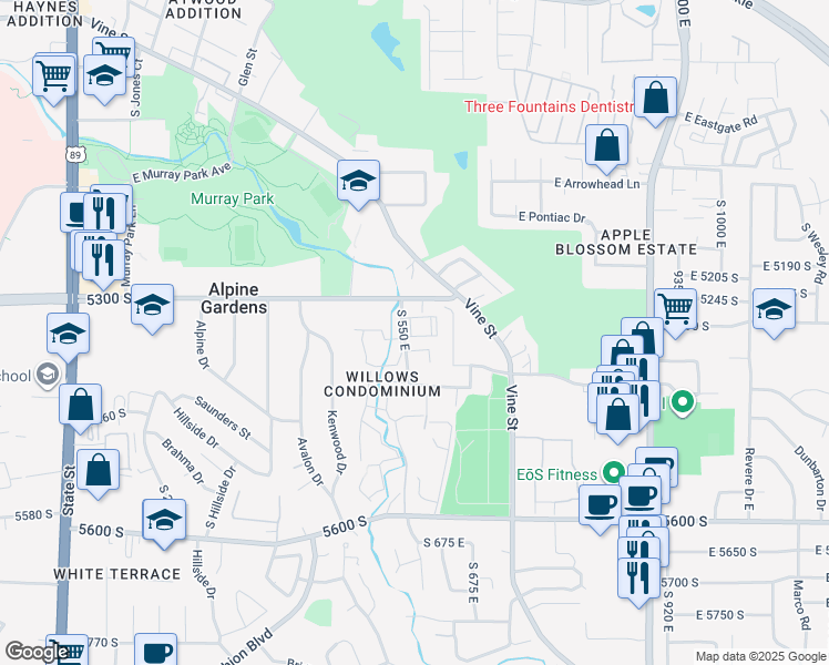 map of restaurants, bars, coffee shops, grocery stores, and more near 5327 South 560 East in Murray