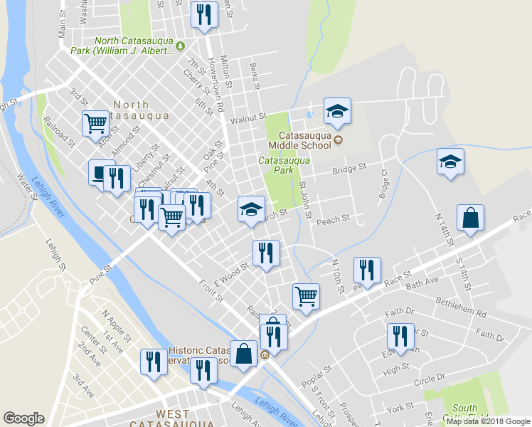 map of restaurants, bars, coffee shops, grocery stores, and more near 424 Church Street in Catasauqua