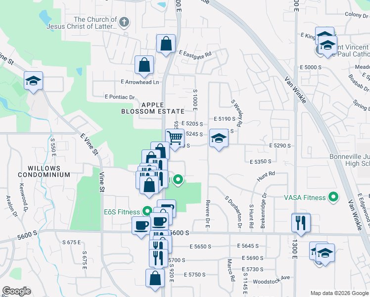 map of restaurants, bars, coffee shops, grocery stores, and more near 5353 960 East in Salt Lake City