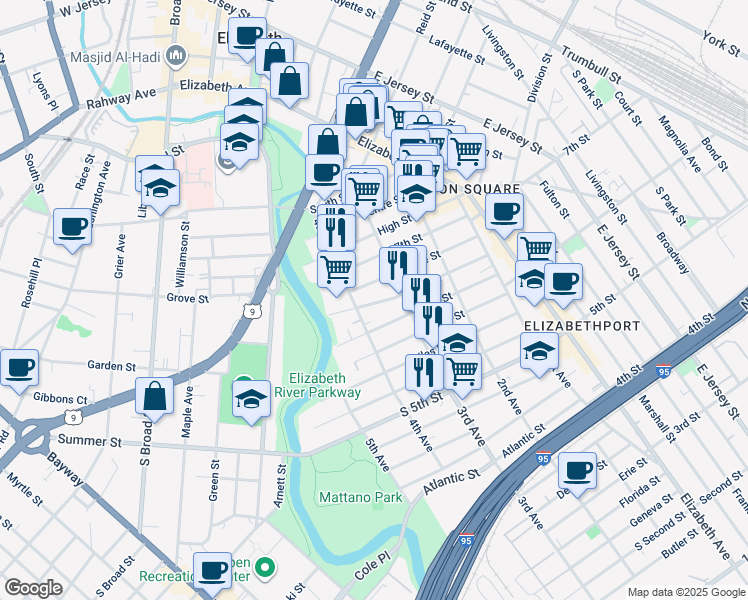 map of restaurants, bars, coffee shops, grocery stores, and more near 607 4th Avenue in Elizabeth