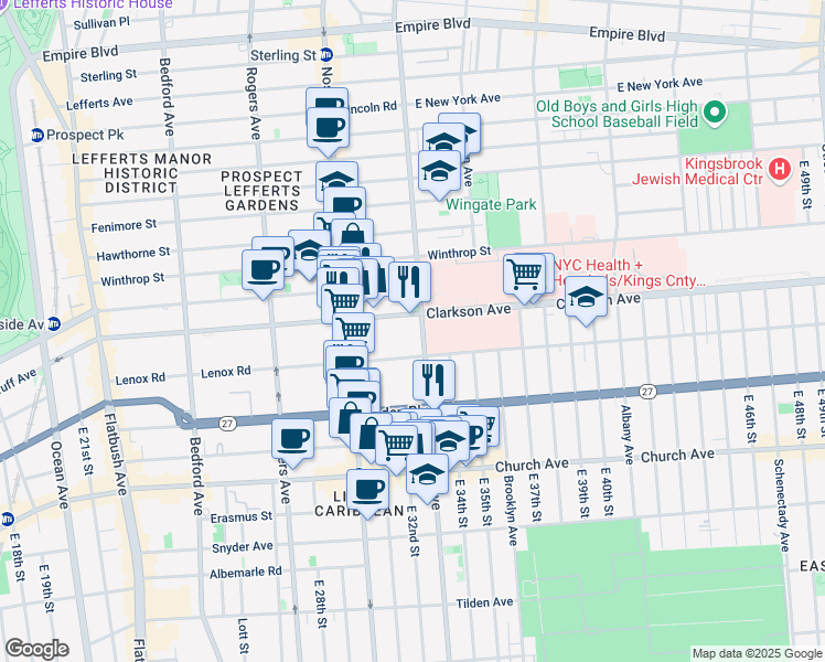 map of restaurants, bars, coffee shops, grocery stores, and more near 395 Lenox Road in Brooklyn