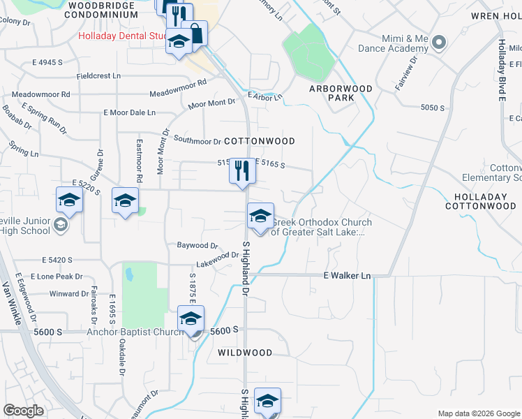 map of restaurants, bars, coffee shops, grocery stores, and more near in Millcreek