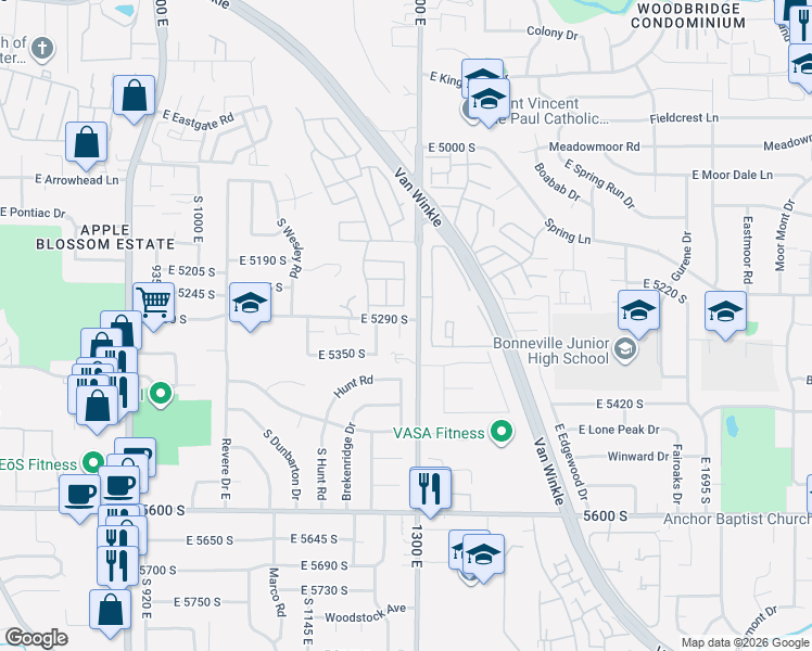 map of restaurants, bars, coffee shops, grocery stores, and more near 5326 East Penguin Circle in Salt Lake City
