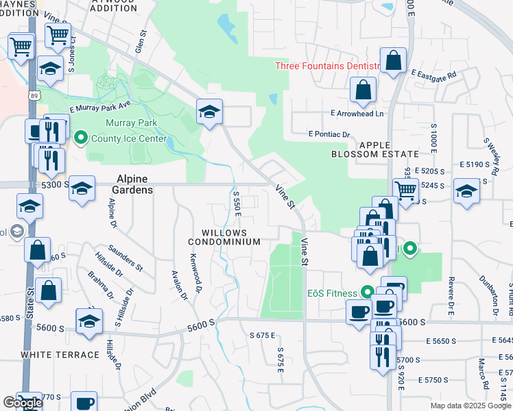 map of restaurants, bars, coffee shops, grocery stores, and more near 5348 Trunk Bay Circle in Murray