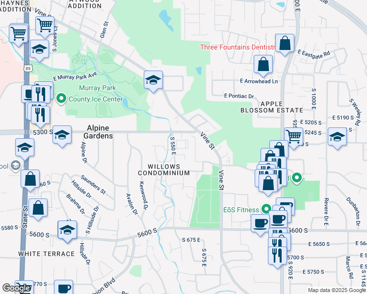 map of restaurants, bars, coffee shops, grocery stores, and more near 5348 Trunk Bay Circle in Murray