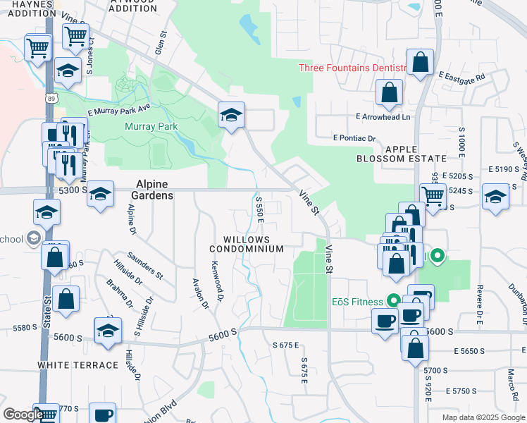map of restaurants, bars, coffee shops, grocery stores, and more near 436 South 550 East in Murray