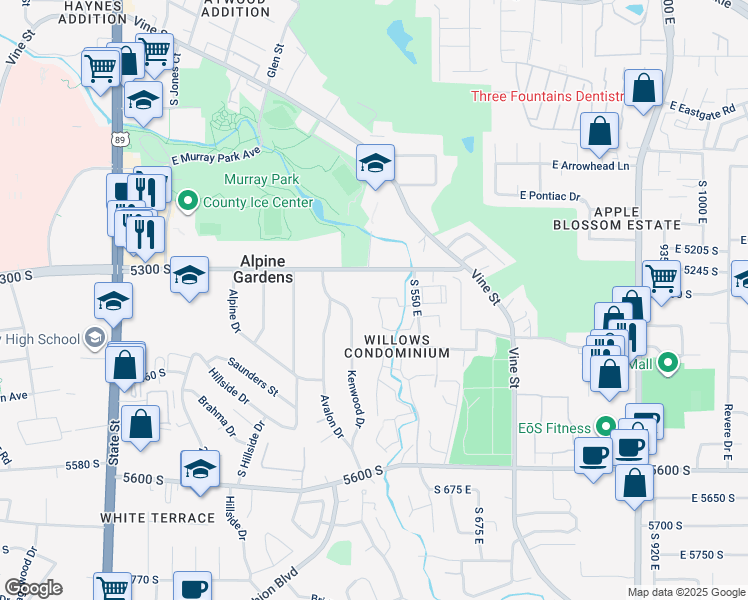 map of restaurants, bars, coffee shops, grocery stores, and more near 5349 Kenwood Drive in Salt Lake City