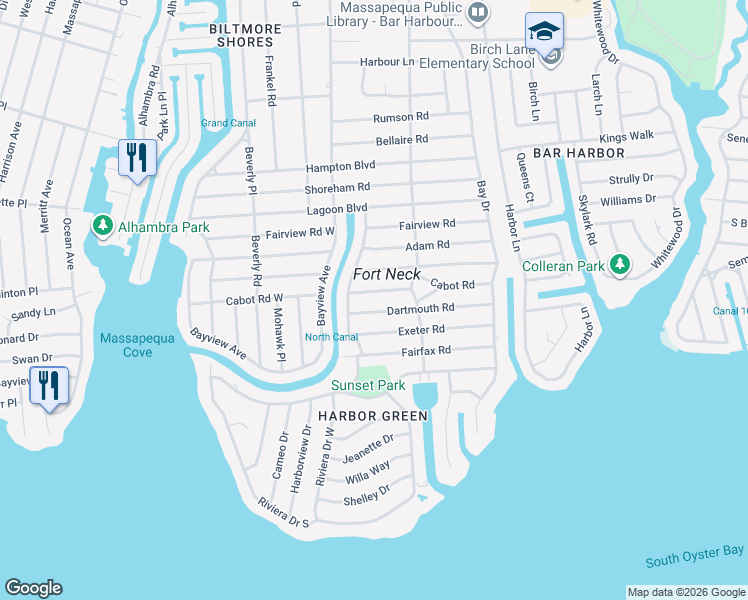 map of restaurants, bars, coffee shops, grocery stores, and more near 90 Dartmouth Road in Massapequa