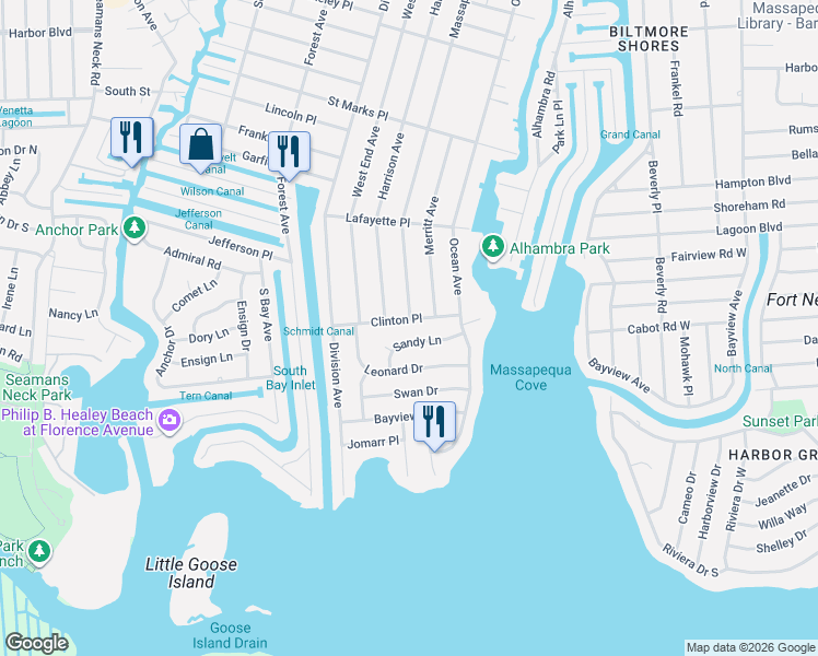 map of restaurants, bars, coffee shops, grocery stores, and more near 31 Sandy Lane in Massapequa