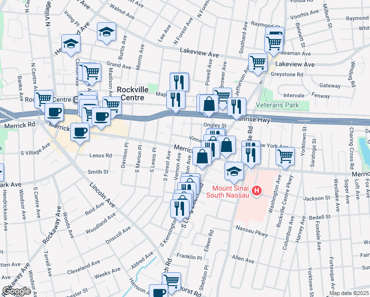 map of restaurants, bars, coffee shops, grocery stores, and more near 12 South Kensington Avenue in Rockville Centre