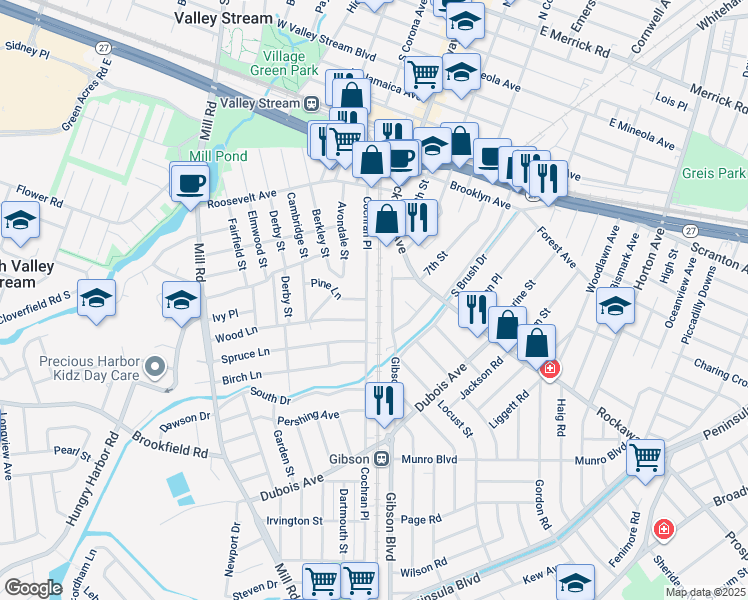 map of restaurants, bars, coffee shops, grocery stores, and more near 146 Cochran Place in Valley Stream