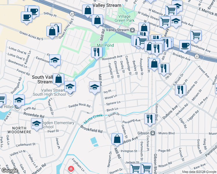 map of restaurants, bars, coffee shops, grocery stores, and more near 14 Ivy Place in Valley Stream