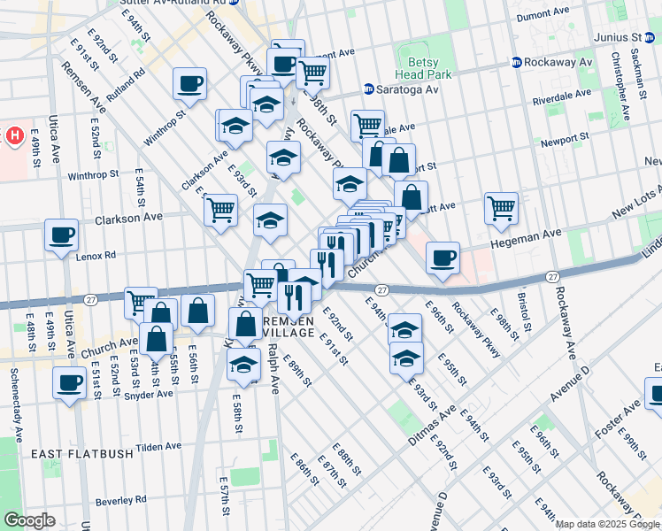map of restaurants, bars, coffee shops, grocery stores, and more near 1073 Linden Boulevard in Brooklyn