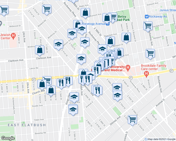 map of restaurants, bars, coffee shops, grocery stores, and more near 1023 Linden Boulevard in Brooklyn