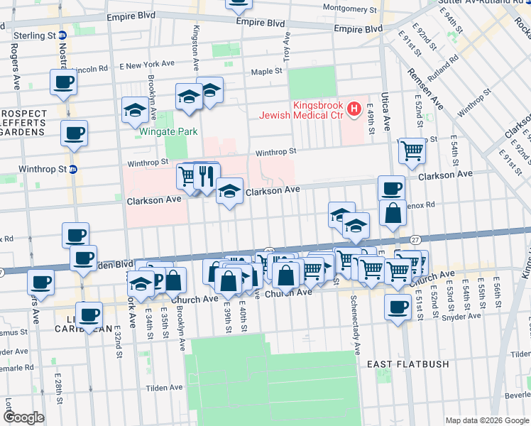 map of restaurants, bars, coffee shops, grocery stores, and more near 62 East 43rd Street in Brooklyn
