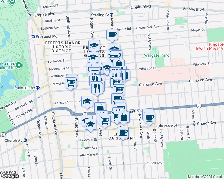 map of restaurants, bars, coffee shops, grocery stores, and more near 237 Lenox Road in Brooklyn