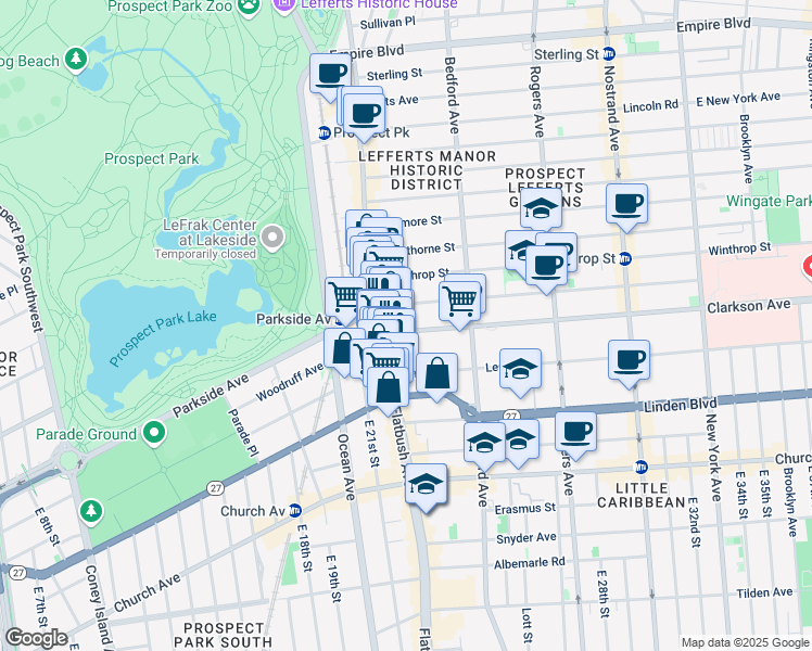 map of restaurants, bars, coffee shops, grocery stores, and more near 2123 Lenox Road in Brooklyn