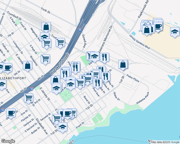 map of restaurants, bars, coffee shops, grocery stores, and more near 235 Port Avenue in Elizabeth