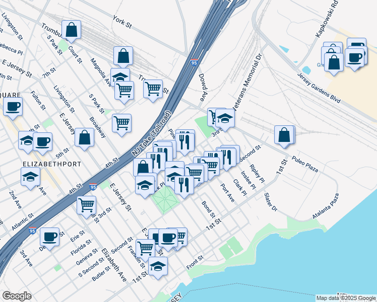 map of restaurants, bars, coffee shops, grocery stores, and more near 251 Pine Street in Elizabeth