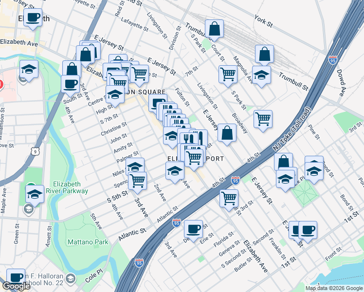 map of restaurants, bars, coffee shops, grocery stores, and more near 520 Elizabeth Avenue in Elizabeth