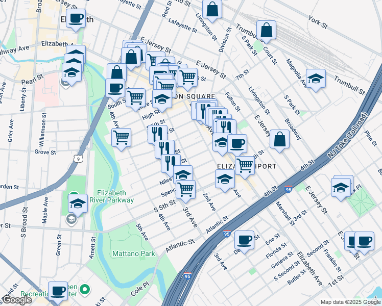 map of restaurants, bars, coffee shops, grocery stores, and more near 549 2nd Avenue in Elizabeth