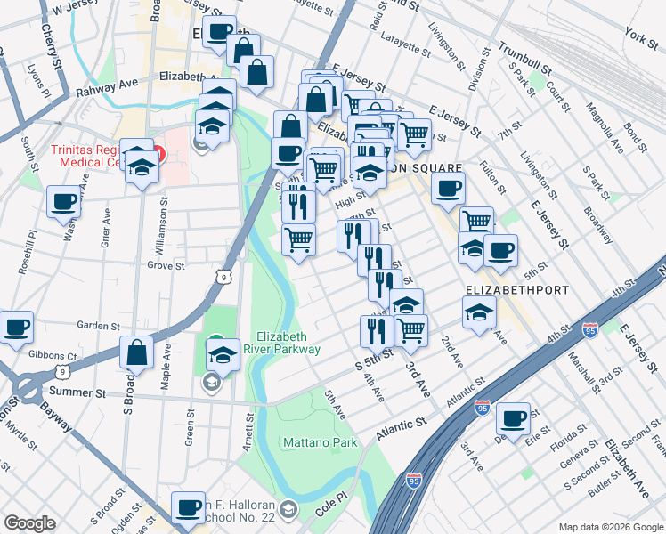 map of restaurants, bars, coffee shops, grocery stores, and more near 611 4th Avenue in Elizabeth