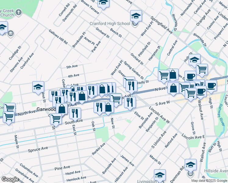 map of restaurants, bars, coffee shops, grocery stores, and more near 40 North Avenue in Garwood
