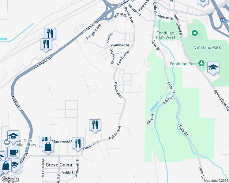 map of restaurants, bars, coffee shops, grocery stores, and more near 1101 Pekin Avenue in Creve Coeur