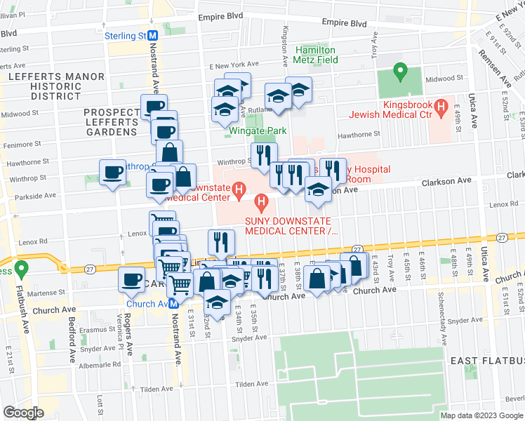 map of restaurants, bars, coffee shops, grocery stores, and more near 450 Clarkson Avenue in Brooklyn