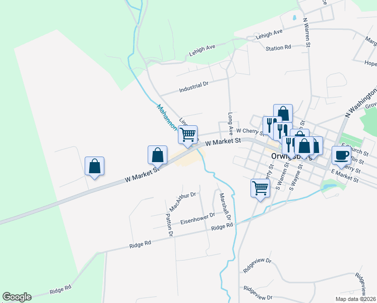 map of restaurants, bars, coffee shops, grocery stores, and more near 705 West Market Street in Orwigsburg