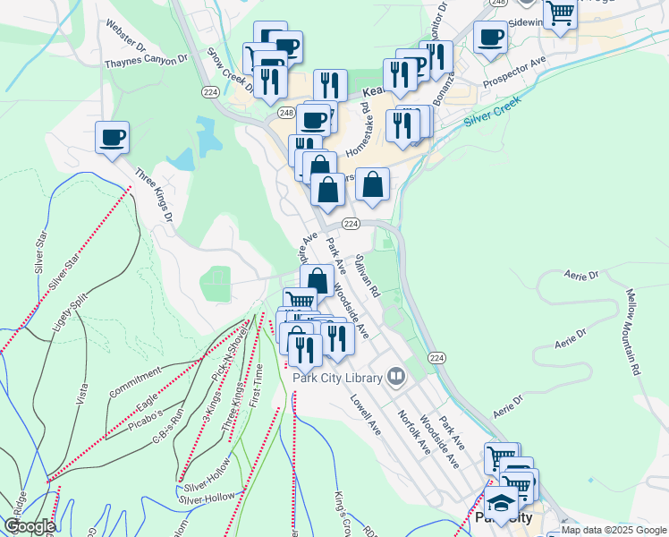map of restaurants, bars, coffee shops, grocery stores, and more near 1499 Park Avenue in Park City