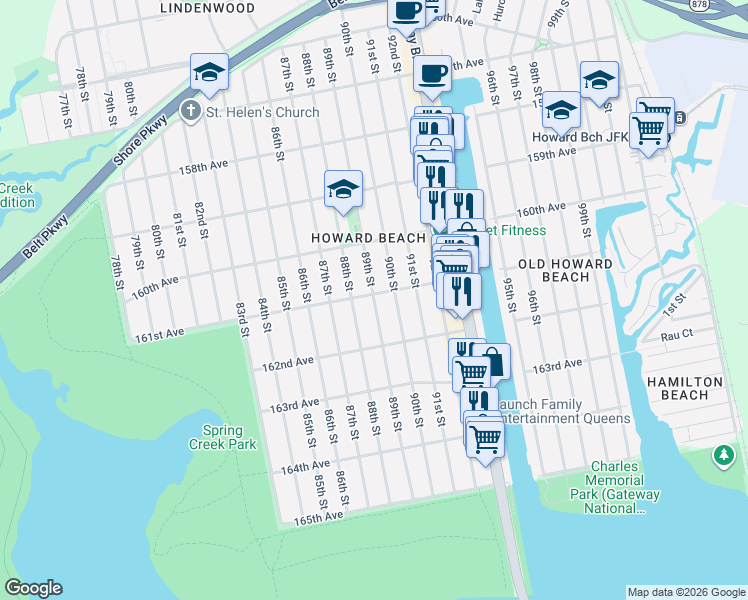map of restaurants, bars, coffee shops, grocery stores, and more near 161-23 88th Street in Queens