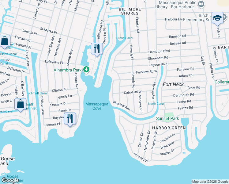 map of restaurants, bars, coffee shops, grocery stores, and more near 307 Bayview Avenue in Massapequa