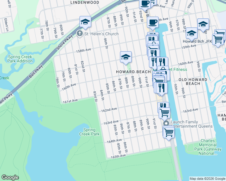 map of restaurants, bars, coffee shops, grocery stores, and more near 161-08 85th Street in Queens