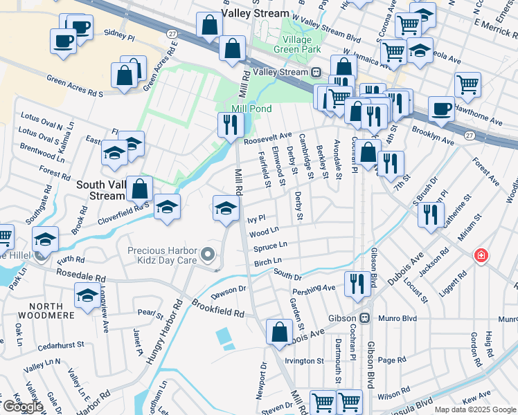 map of restaurants, bars, coffee shops, grocery stores, and more near 202 Hollywood Avenue in Valley Stream