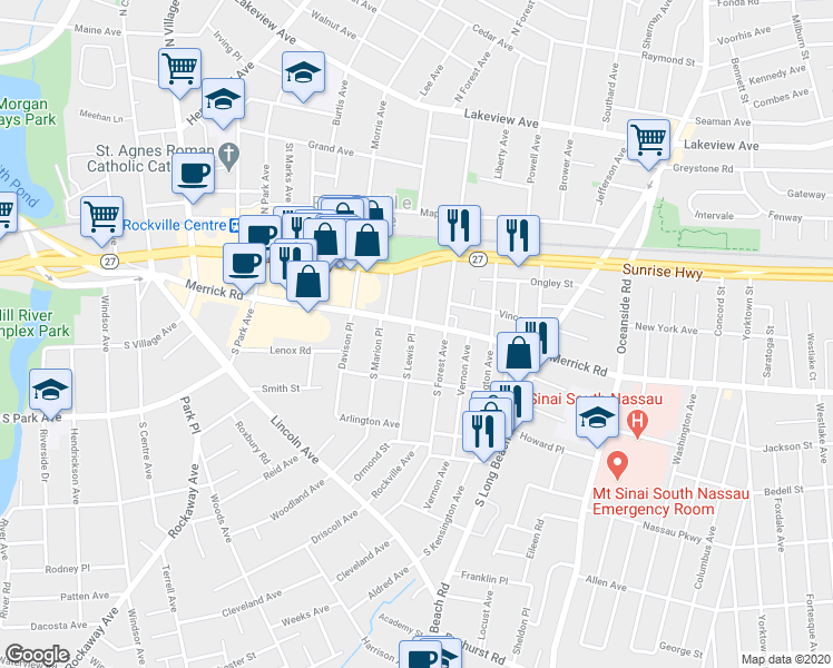 map of restaurants, bars, coffee shops, grocery stores, and more near 7 South Lewis Place in Rockville Centre