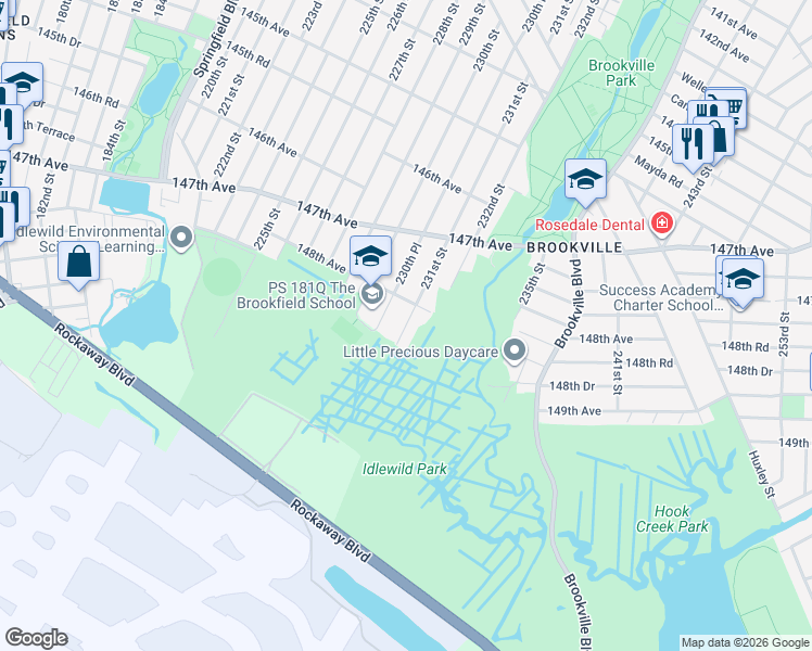 map of restaurants, bars, coffee shops, grocery stores, and more near 148-45 231st Street in Queens
