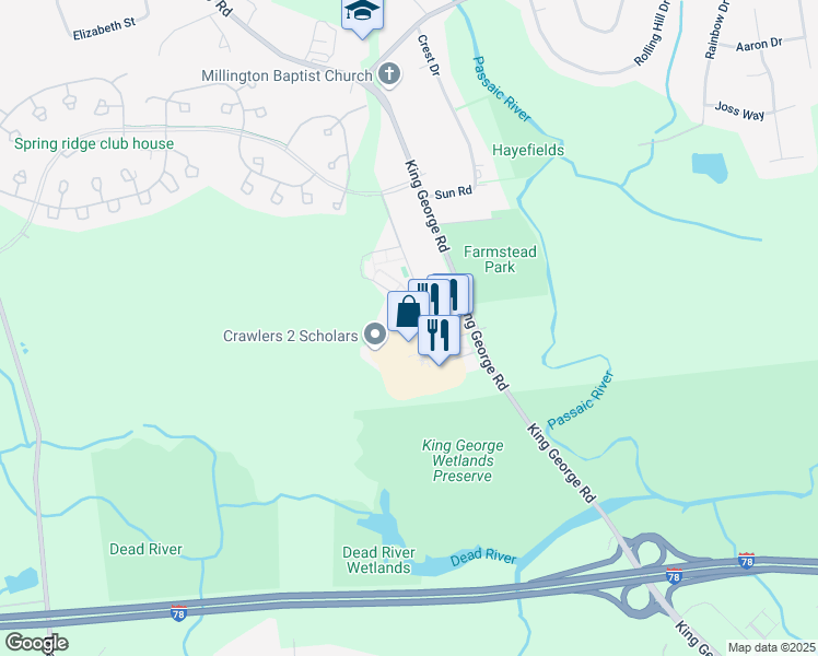 map of restaurants, bars, coffee shops, grocery stores, and more near 1 Monarch Circle in Basking Ridge