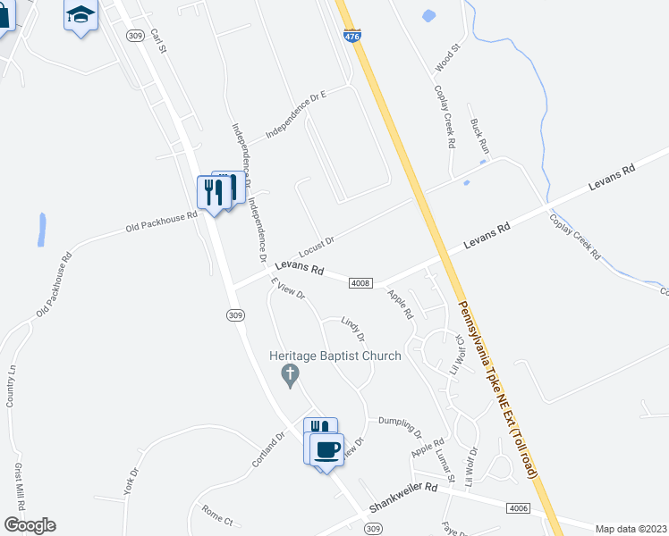 map of restaurants, bars, coffee shops, grocery stores, and more near 4333 Levans Road in Lehigh County