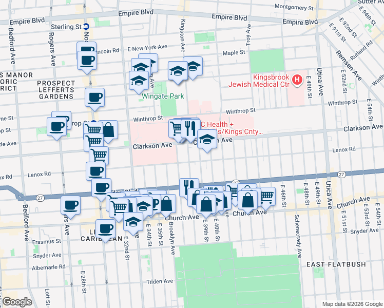 map of restaurants, bars, coffee shops, grocery stores, and more near 490 Lenox Road in Brooklyn