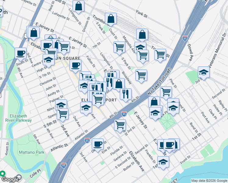 map of restaurants, bars, coffee shops, grocery stores, and more near 451 Franklin Street in Elizabeth