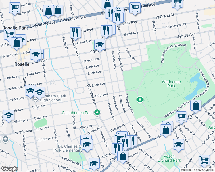 map of restaurants, bars, coffee shops, grocery stores, and more near 609 Harrison Avenue in Roselle