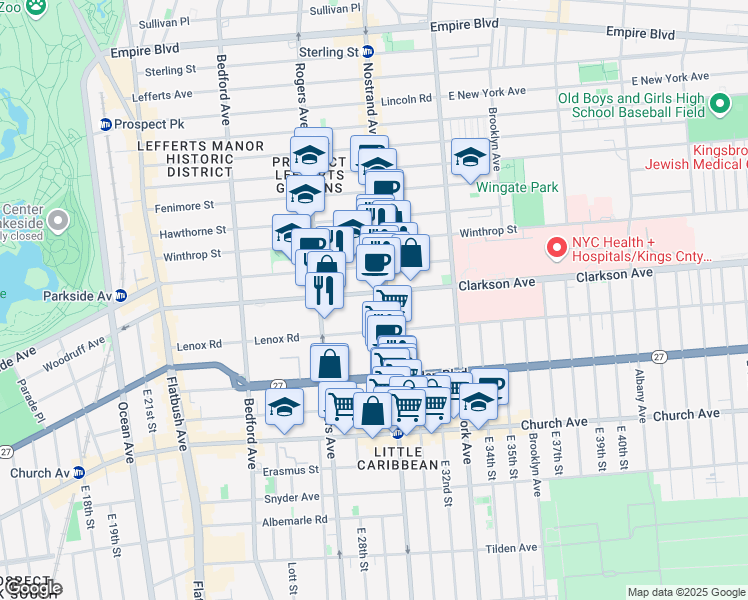 map of restaurants, bars, coffee shops, grocery stores, and more near 280 Clarkson Avenue in Brooklyn