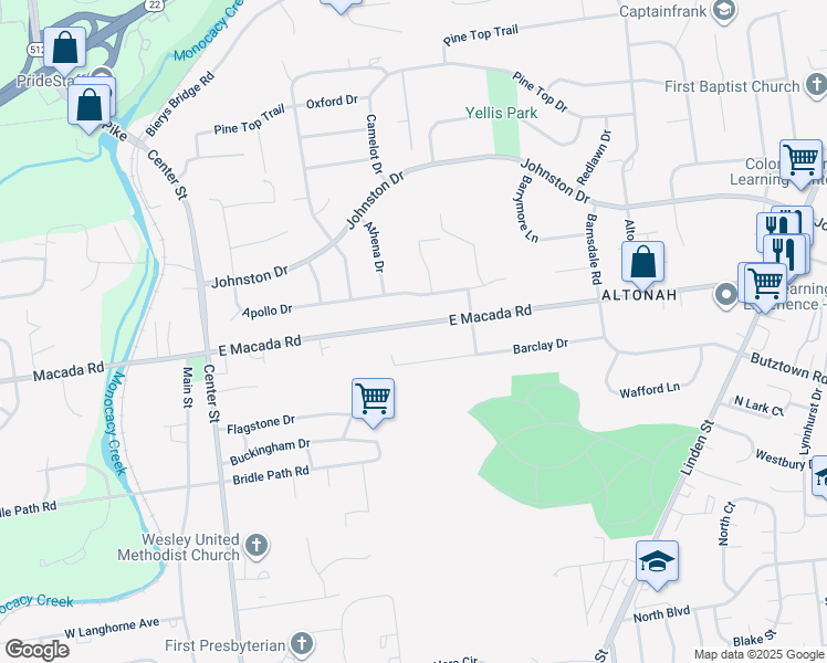 map of restaurants, bars, coffee shops, grocery stores, and more near 450 East Macada Road in Bethlehem