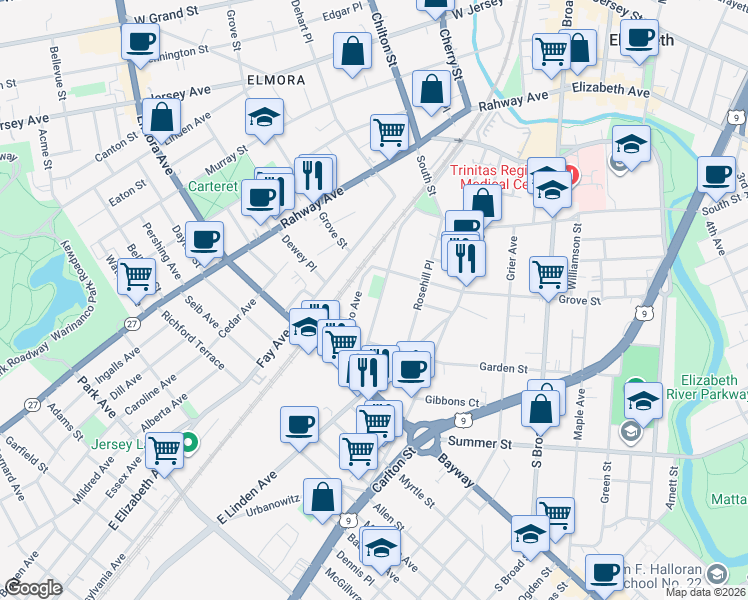 map of restaurants, bars, coffee shops, grocery stores, and more near 444-446 New York Avenue in Elizabeth