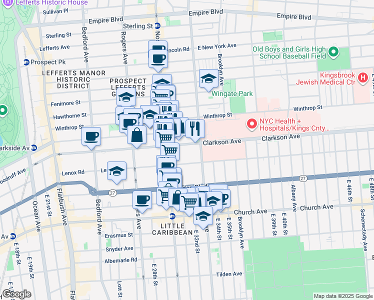 map of restaurants, bars, coffee shops, grocery stores, and more near 350 Clarkson Avenue in Brooklyn